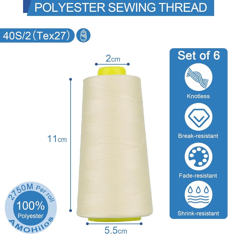 AMOHilos Polyester Sewing Thread All Purpose Knotless 40S/2 (Tex27) 6 Cones of 2750 Yards Each Spool Thread Total 16500 Yards for Serger Sewing Machine Quilting Piecing Hand Stitching (Natural) - Image 3